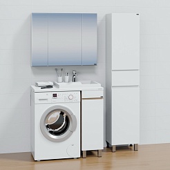 СанТа Мебель для ванной под стиральную машину Марс 90 R с зеркальным шкафом Стандарт 90 белая/янтарное дерево – фотография-2